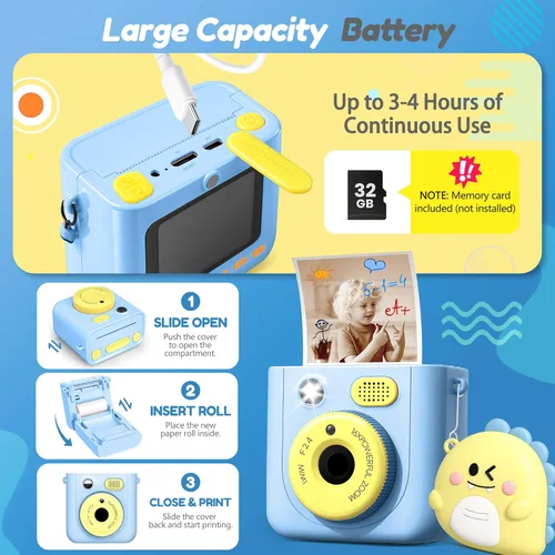 Miniatura 7 de Cámara de impresión instantánea para niños, cámara digital HD de 48 MP 1080P con impresión en color y B&W, tarjeta de 32 GB y 3 rollos de papel