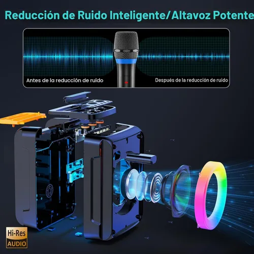 Miniatura 2 de Máquina de karaoke HWWR con 2 micrófonos, altavoz Bluetooth portátil para adultos, altavoz para fiestas en casa con luz DJ para exteriores, eventos