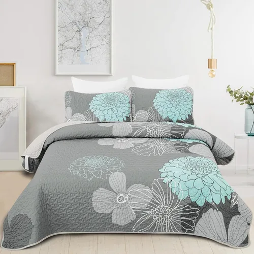 Miniatura 9 de Juego de edredón de 3 piezas con patrón floral azul marino, tamaño Queen, juego de ropa de cama reversible de microfibra con patrón de flores
