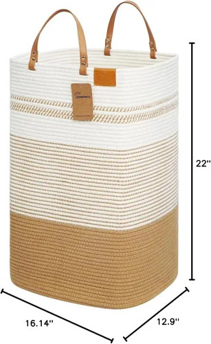 Miniatura 10 de danpinera Cesta Grande de Lavandería – Cesta de Almacenamiento Tejida de Algodón Alto de 75L con Asas de Cuero, Cesta de Ropa Sucia Esbelta, Cesta