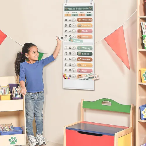 Miniatura 2 de Boho Tabla de Bolsillo con Horario Diario para el Aula con 24 Tarjetas, Decoración de Bienvenida para el Regreso a la Escuela, Blanca