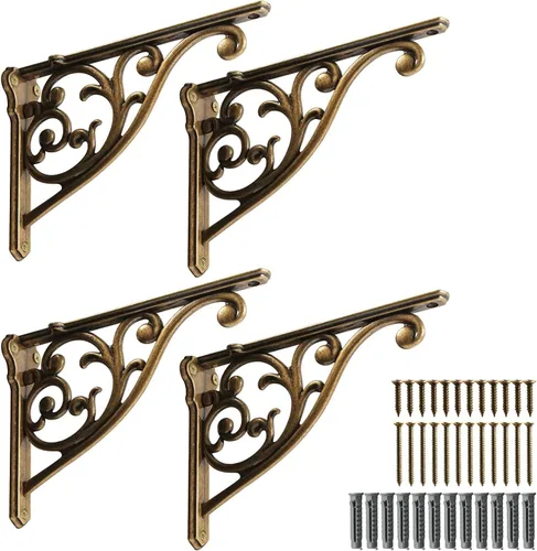 Miniatura 30 de Soportes de estante de 4 pulgadas, paquete de 4 soportes de pared de latón antiguo de alta resistencia, estantes decorativos de cocina victoriana