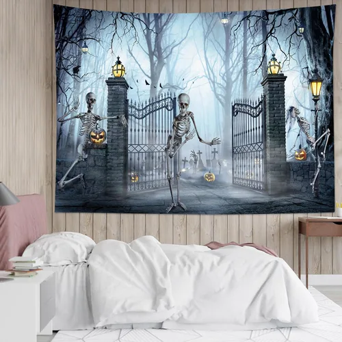 HVEST Tapiz de Halloween para colgar en la pared, esqueleto de terror, cráneo, cementerio, calabaza, farol, bosque muerto, tapiz nocturno
