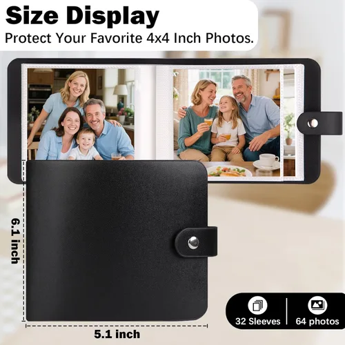 Miniatura 2 de Paquete de 2 álbumes de fotos pequeños de 4 x 4 con tapa de cuero para 64 fotos, libro de álbum de 4 x 4, página interior negra, obras de arte