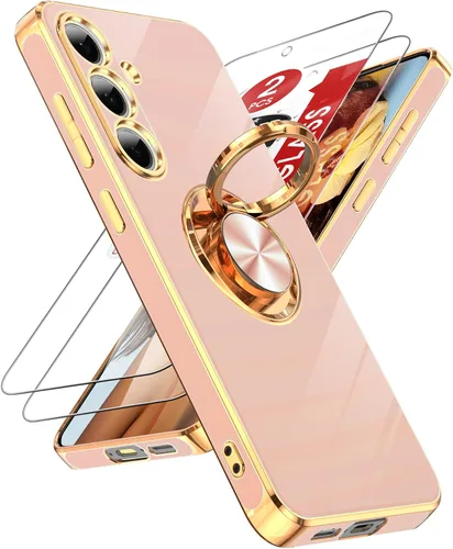 Miniatura 48 de LeYi Funda para Samsung Galaxy S22 Ultra con soporte de anillo giratorio de 360°, soporte magnético, chapado en oro rosa, borde protector para Negro
