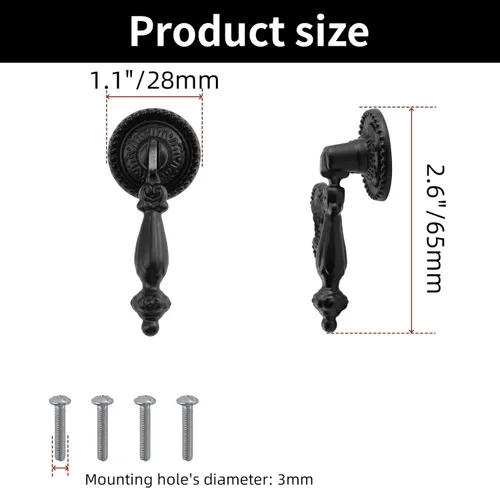 Miniatura 2 de 4 tiradores de lágrima colgantes antiguos decorativos para gabinete, cajón, armario, tocador, joyero con tornillos (negro, 2.6 x 1.1 pulgadas)