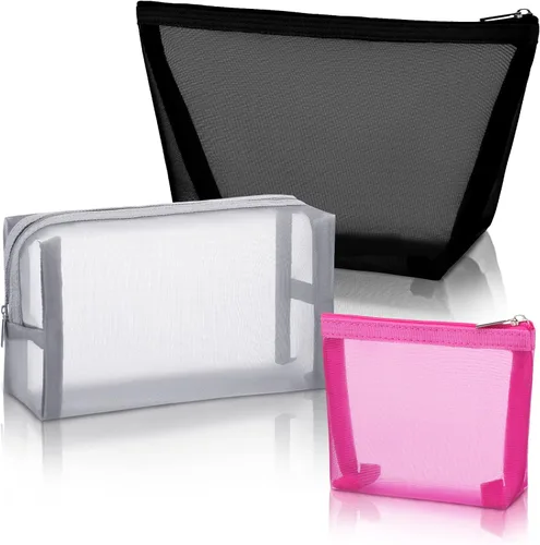 Miniatura 9 de Bolsa de cosméticos de malla de 3 piezas de Boao, bolsa de maquillaje de malla con bolsa con cremallera, artículos de aseo de viaje para organizador