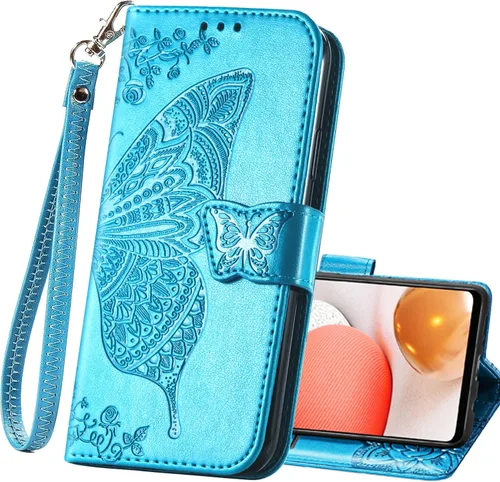Funda protectora para Samsung Galaxy A32 5G de piel sintética, con correa para muñeca, ranuras para tarjetas, bolsillo en relieve, diseño de flores