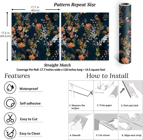 Miniatura 2 de VEELIKE Papel tapiz floral de prado azul medianoche para despegar y pegar, papel tapiz floral de flores silvestres, 17.7 x 118 pulgadas, papel