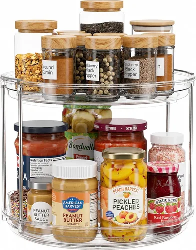 Oizeir Organizador Lazy Susan de 2 niveles para gabinete, estante giratorio de especias de acrílico transparente para cocina, despensa, encimera,