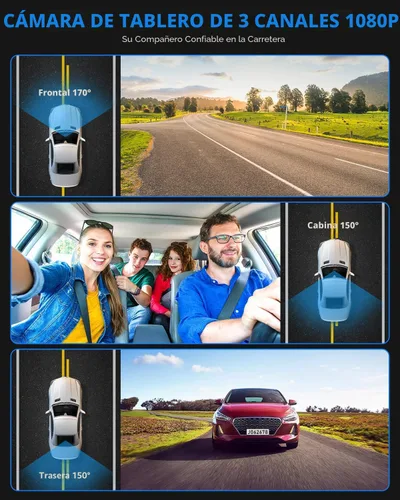 Miniatura 2 de Cámara de tablero frontal y trasera, cámara de tablero 1080P para automóviles, cámara de automóvil de 3 canales frontal trasera e