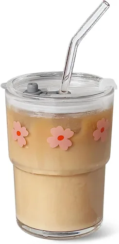 Olvini Vaso de vidrio de 13 onzas con popote y tapa, vaso reutilizable para café helado, bonitas tazas de vidrio para agua, matcha, tazas de café de