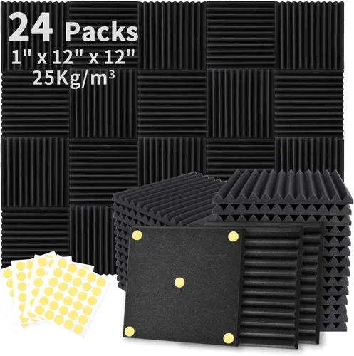 Focusound Paquete de 24 paneles de espuma acústica de 1 x 12 x 12 pulgadas, paneles de espuma a prueba de sonido, paneles de cuña insonorizantes con