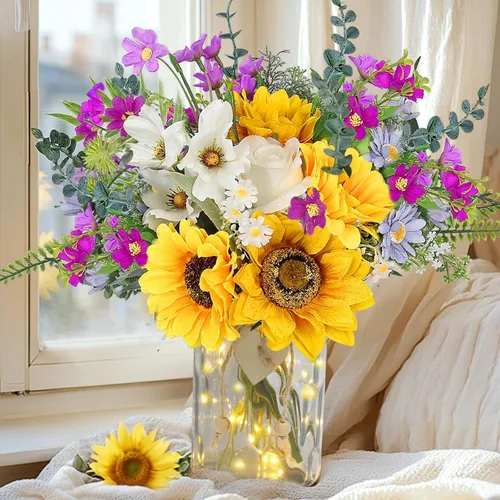 Miniatura 11 de Flores falsas en jarrón, arreglo de flores artificiales azul polvoriento en jarrón, centros de mesa florales falsos para cocina, granja, mesa