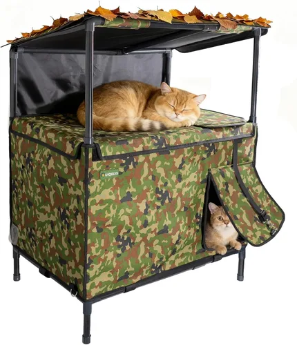 Casa para gatos al aire libre, resistente a la intemperie, con dosel, refugio exterior para gatos, cubierta de techo y soporte elevado, casa de