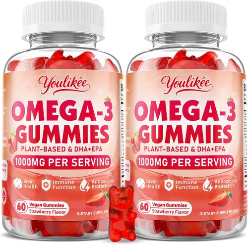 Paquete de 2 gomitas veganas Omega-3 de 1000 mg, aceite de pescado omega 3 alternativo para adultos, DHA a base de plantas 460 mg y EPA 230 mg con