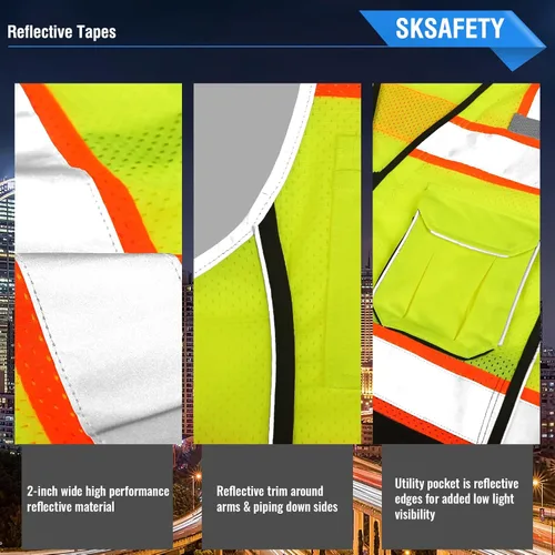 Miniatura 4 de SKSAFETY Chaleco de seguridad de nivel profesional con 10 bolsillos, chaleco de alta visibilidad clase 2 con cremallera, chaleco de alta visibilidad