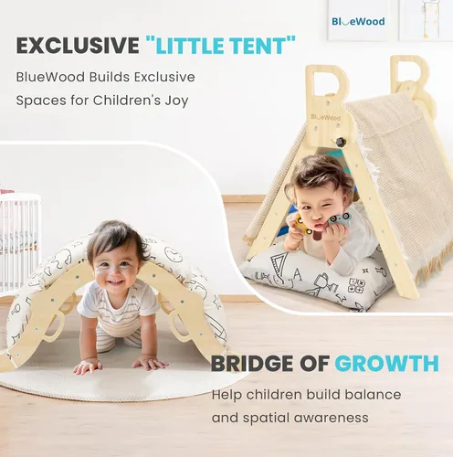 Miniatura 2 de BlueWood Conjunto de Triángulo Pikler con Cojín, Juguetes de Escalada 8 en 1 para Niños Pequeños, Gimnasio de Juegos de Filosofía Montessori