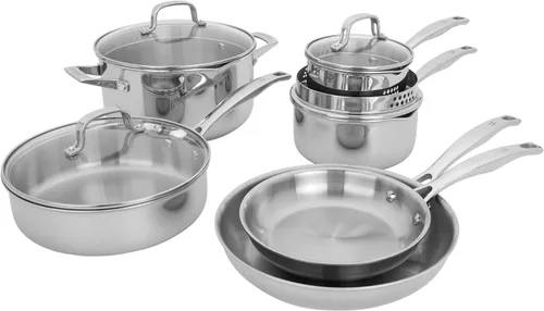 HENCKELS Clad H3 juego completo de ollas y sartenes de 10 piezas, apto para inducción, de acero inoxidable, duradero y fácil de limpiar