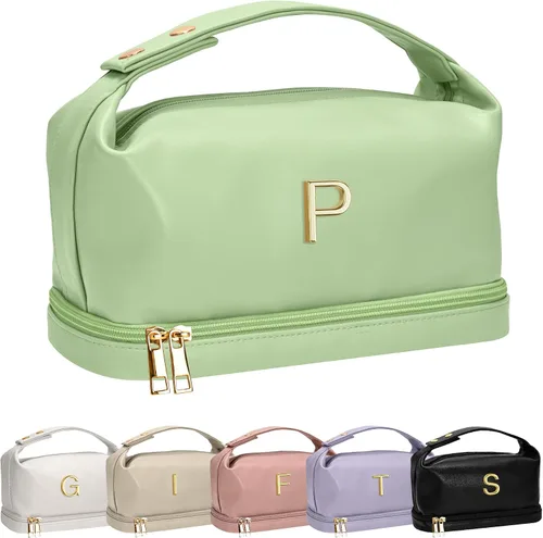 Miniatura 135 de Bolsa de maquillaje con asa, bolsa de cosméticos impermeable de doble capa, bolsas de maquillaje de cuero PU de gran capacidad con letra, bolsa