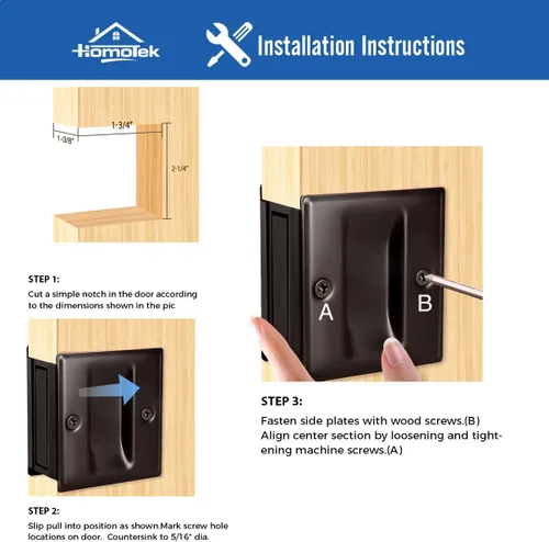 Miniatura 4 de HOMOTEK Tirador de puerta de bolsillo de privacidad, sin bloqueo, reemplaza el tirador viejo o dañado para puerta corrediza, 2-3/4 x 2-1/2 pies