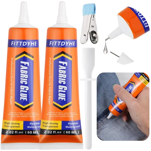 2 Pack de Pegamento para Tela Permanente, 60ML/2.02oz Pegamento Claro Lavable para Ropa, Adhesivo Súper para Tela para Strass, Parches, Ropa, Denim,