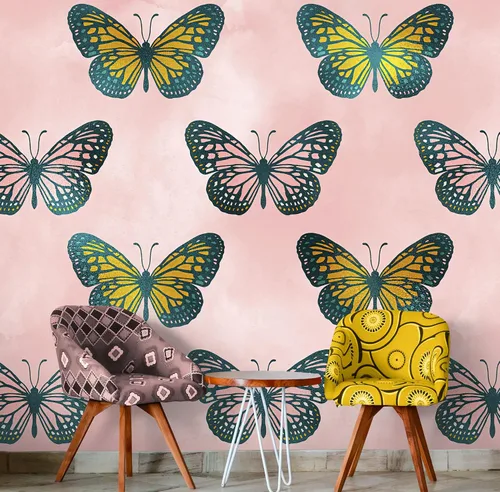Miniatura 2 de Mural de pared con patrón de mariposa grande sobre fondo rosa. Dormitorio, guardería, decoración del hogar. Papel tapiz autoadhesivo #6441