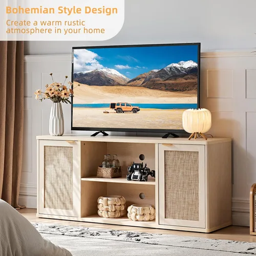 Miniatura 7 de LEYAOYAO Soportes de TV de ratán para sala de estar, gabinete de TV bohemio con almacenamiento y estante abierto, centro de entretenimiento