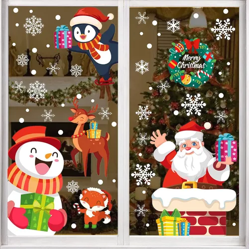Miniatura 8 de KIMOBER 150 piezas de calcomanías de Navidad para ventana, muñeco de nieve de Papá Noel, bolas de Navidad, decoración de vidrio para suministros