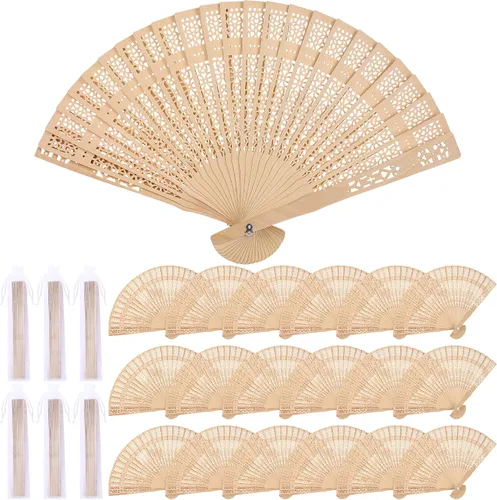 MCEAST Paquete de 24 ventiladores plegables de madera de sándalo a granel, ventiladores de mano de madera de 7.9 pulgadas con bolsas de organza,
