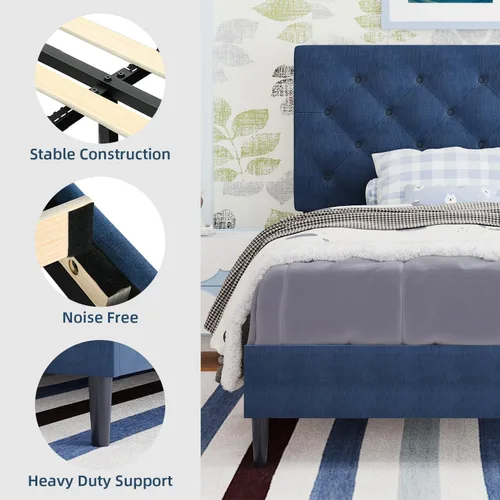 Miniatura 7 de BarnFurin Marcos de cama individual con cabecera capitoné con botones, cama de plataforma tapizada de lino con soporte de listones de madera, fácil