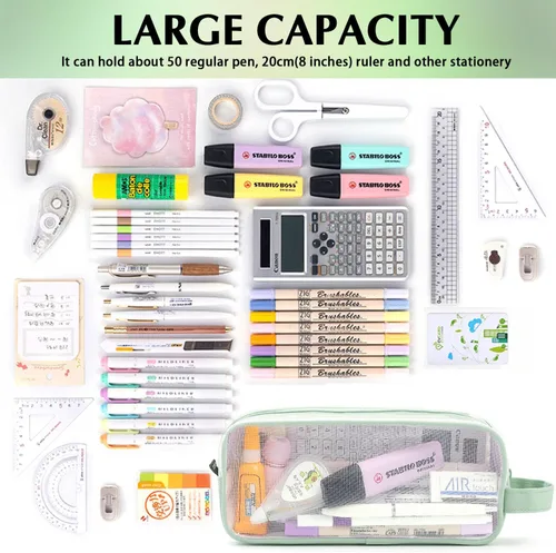 Miniatura 4 de Estuche grande de malla de malla con 2 compartimentos, bolsa transparente para lápices con cremallera, bolsa de papelería transparente multifunción