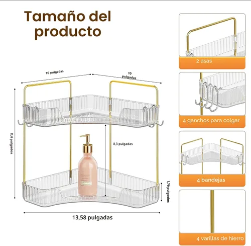 Miniatura 2 de Organizador de esquina para encimera de baño, organizador de baño de 2 niveles y encimera de almacenamiento con ganchos, cuidado de la piel