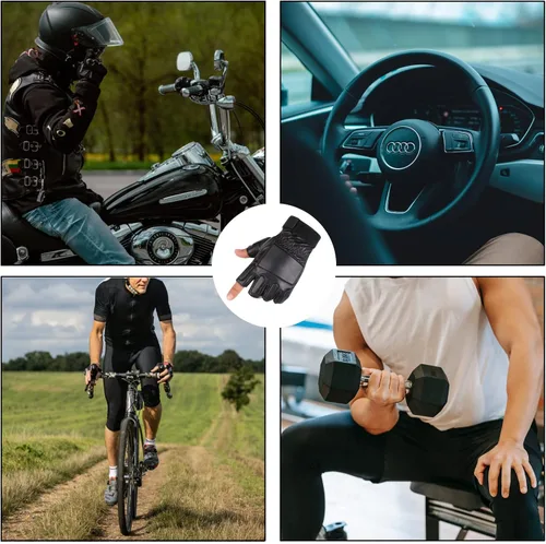 Miniatura 6 de Long Keeper Guantes de cuero genuino sin dedos para hombre, medio dedo, conducción, ciclismo, motocicleta, deportes al aire libre, Negro