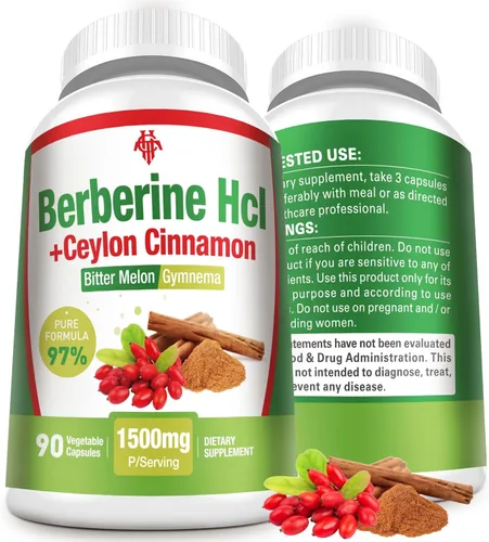 Suplemento de berberina de 1500 mg – Berberina HCl de primera calidad 97% pureza más canela de Ceilán pura, berberina de alta potencia para hombres