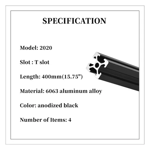 Miniatura 2 de BELLA BAYS 4 unids 15.75 pulgadas 15.748 in 2020 ranura T perfil de extrusión de aluminio estándar europeo anodizado negro extruido lineal guía
