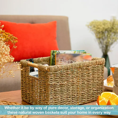 Miniatura 8 de Cesta de hierba marina natural con mango de madera, cesta de mimbre rectangular mediana para sala de estar, 12.2 x 8.9 x 6.7 pulgadas, paquete de 3