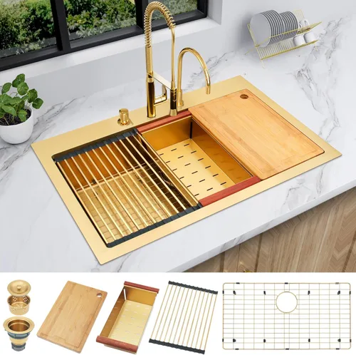Miniatura 15 de LQS Fregadero pequeño de barra dorada para montaje inferior, fregadero de barra húmeda de PVD dorado y fregadero de cocina RV de 15 x 17 pulgadas