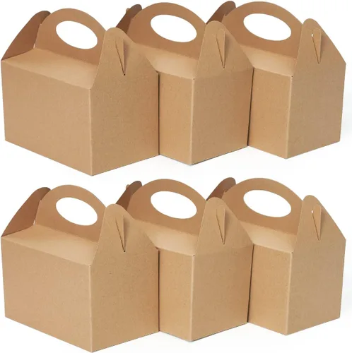 Happyhiram 25 Cajas de golosinas de fiesta, color marrón kraft, cajas de dulces con asas de 6 pulgadas, cajas tipo gablete, bolsas de regalo DIY