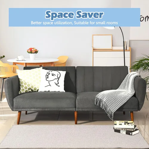 Miniatura 4 de KOMFOTT Sofá cama futón convertible, sofá biplaza de tela de lino moderno con respaldo dividido y ajustable, 6 patas de madera maciza, esponja