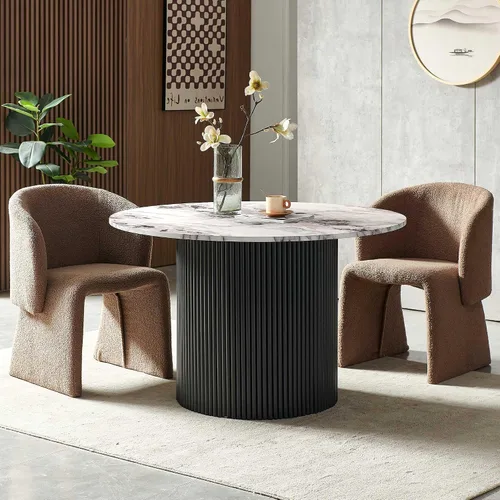 Miniatura 7 de Homedot Juego de mesa de comedor de 3 piezas para 2, mesa de cocina redonda de 47" y sillas de comedor tipo barril tapizadas en marrón, juego