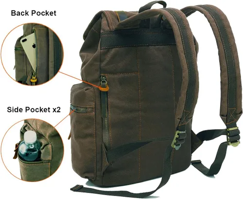 Miniatura 2 de HuaChen Mochila de viaje de lona vintage con ribete de cuero, funda acolchada para laptop, bolsillo de seguridad trasero oculto, se adapta a 14