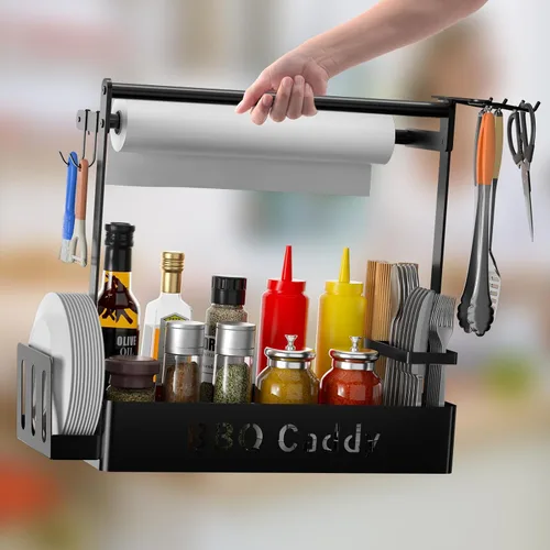 Miniatura 3 de Carrito para barbacoa, organizador de parrilla para asar al aire libre con soporte para toallas de papel, organizador de utensilios de parrilla