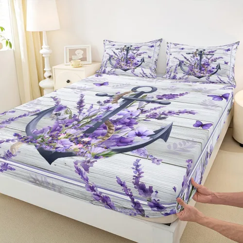 Miniatura 4 de Anchor Nautical - Juego de sábanas románticas para niños, tamaño individual, diseño de mariposas y lavanda morado, decoración de habitación de niños