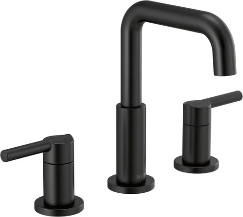 Delta Nicoli - Grifo de baño negro mate de 3 orificios, grifo de lavabo de baño de 8 pulgadas para mueble, conjunto de desagüe emergente de presión,