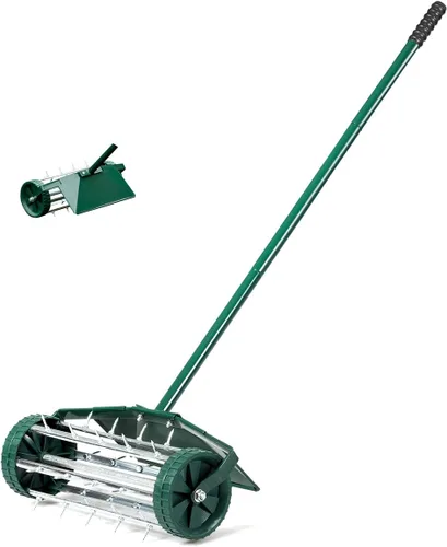FANTASK Aireador de césped rodante, 18 pulgadas, con púas de empuje giratorio, herramienta de jardinería con mango de acero largo de 3 piezas para