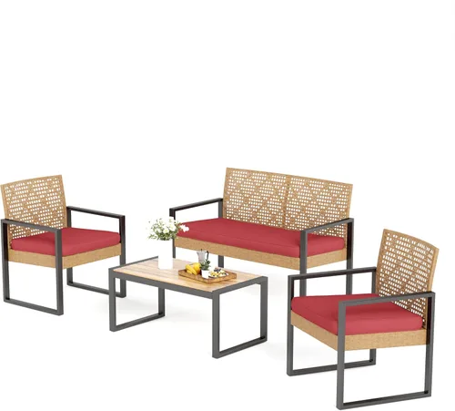 Miniatura 12 de MFSTUDIO Juego de 4 muebles de patio al aire libre, sofá pequeño de ratán marrón con mesa y sillas de madera de acacia, juego de muebles de sofá