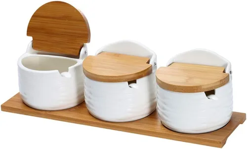 Miniatura 7 de Recipiente de cerámica con tapa y cuchara de bambú, tarro de porcelana de 9.1 onzas líquidas para pimienta con etiqueta de pizarra