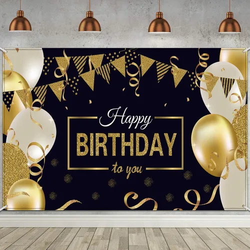 Blulu Cartel de feliz cumpleaños negro y dorado grande para fotos, telón de fondo de tela con purpurina para suministros de decoración de fiesta de