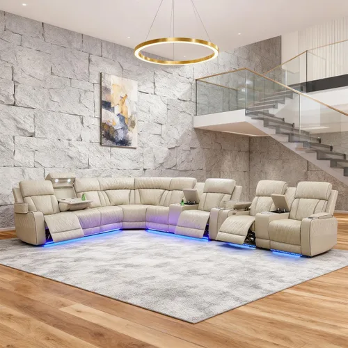 Miniatura 35 de Juego de sofá modular reclinable eléctrico para sala de estar, juego de sofá reclinable de cuero con luces LED / almacenamiento oculto, sofá